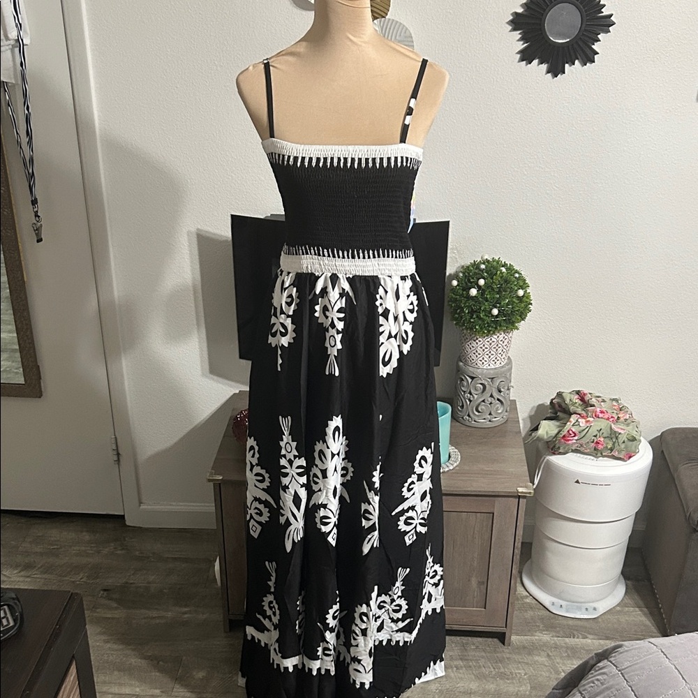 Black & White Strap Maxi Dress with Smocked Bodice